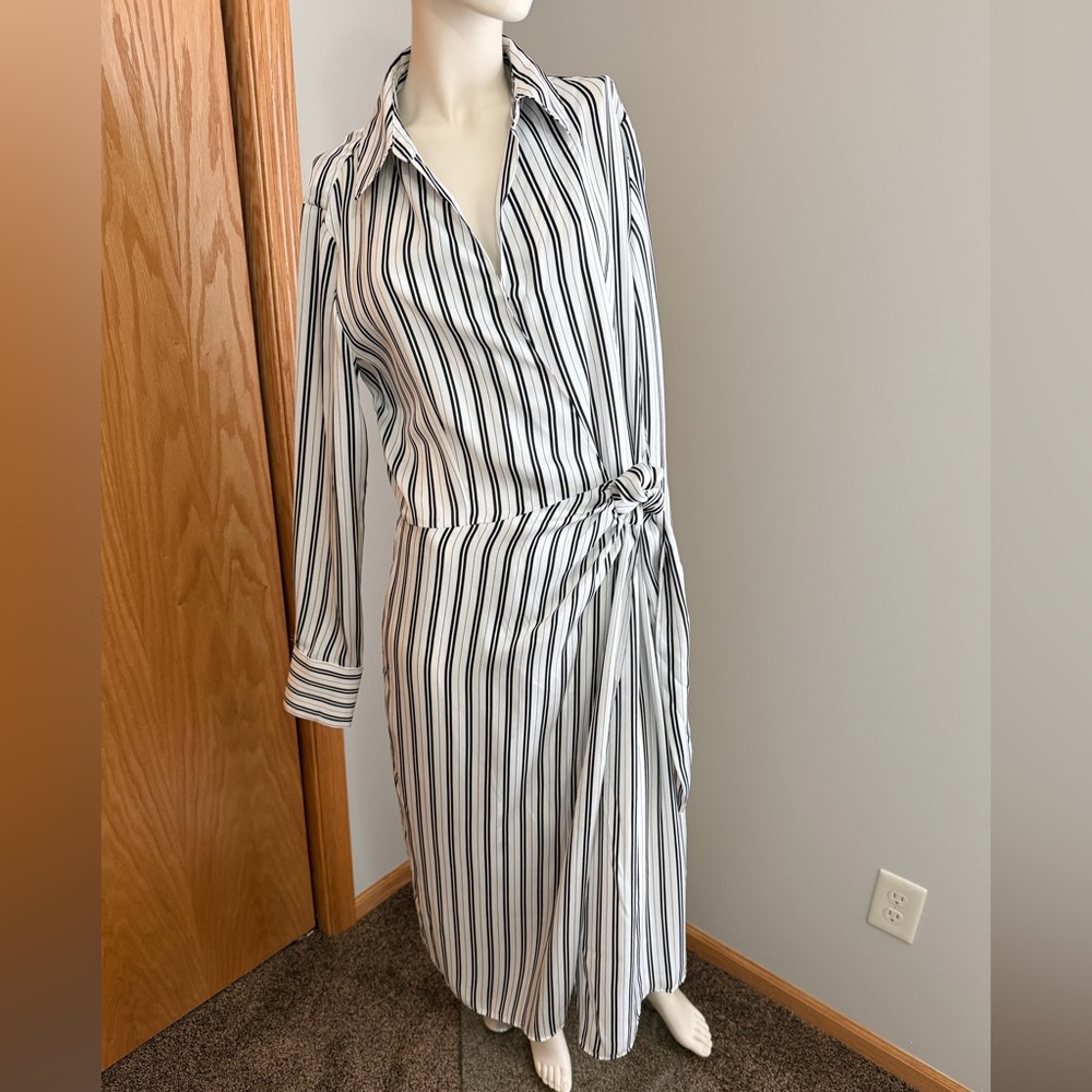 Worthington Black and White Striped Wrap Tie Midi Dress